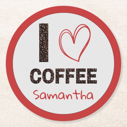 Coffee Lover Custom Name Coffee Bean Design ラウンドペーパーコースター (正面)