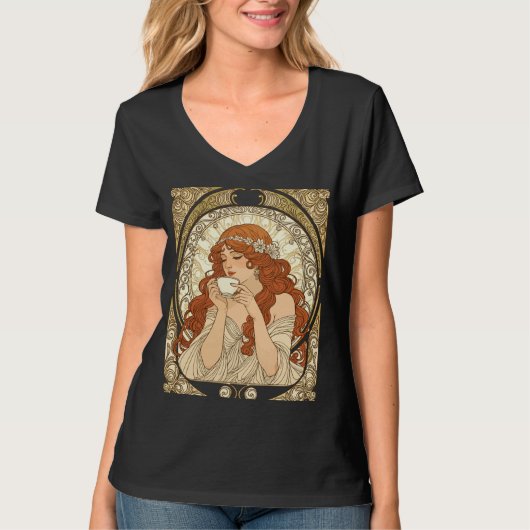 Coffee Lover in the Style of Mucha Art Nouveau Tシャツ (正面)