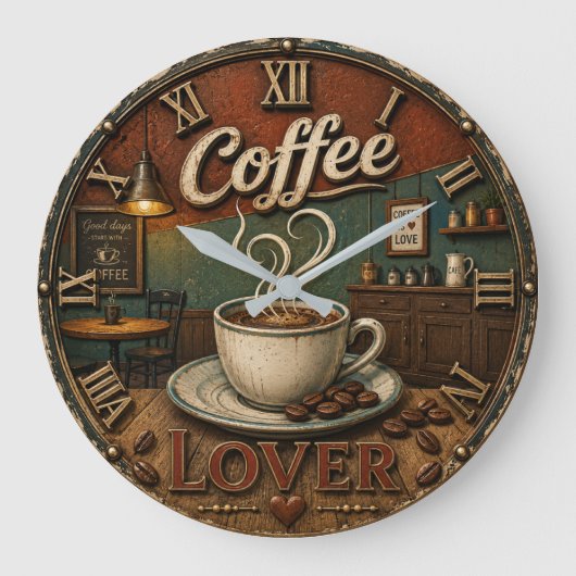 Coffee Lover Rustic Shop ラージ壁時計 (正面)