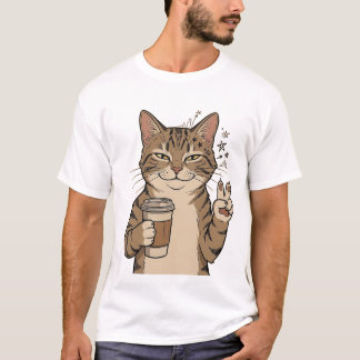 "Coffee-Loving Cat" Cotton T-Shirt Tシャツ