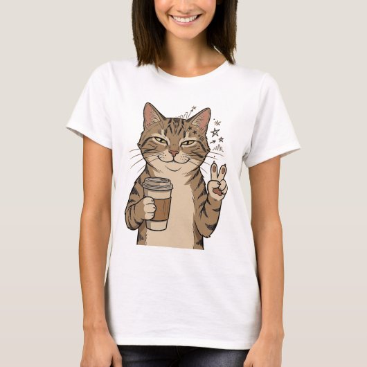 "Coffee-Loving Cat" Cotton T-Shirt Tシャツ (正面)