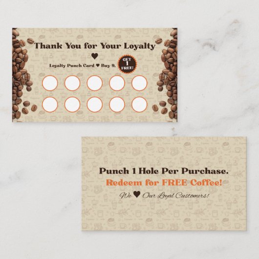 Coffee Loyalty Punch Card Brown Cafe Style ロイヤリティカード (正面/裏面)