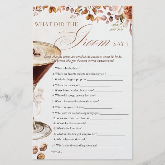 Coffee Martini What Groom Say Bridal Shower Game (正面)