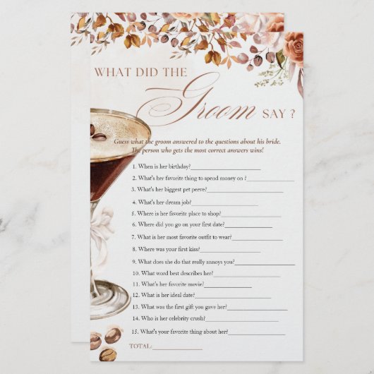 Coffee Martini What Groom Say Bridal Shower Game (正面/裏面)