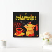 COFFEE MOMENT /赤イエローコーヒーカップとコーヒーポット スクエア壁時計 (ホーム)