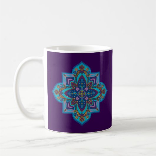 Coffee mug with blue mandala, purple background コーヒーマグカップ (左)