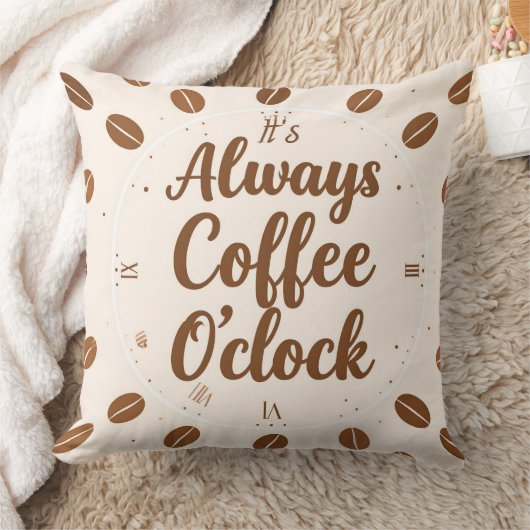 Coffee O'Clock Pillow - Funny Coffee Time Throw クッション (ブランケット)