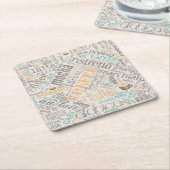 Coffee on Burlap Word Cloudティール(緑がかった色)ID283 スクエアペーパーコースター (アングル)