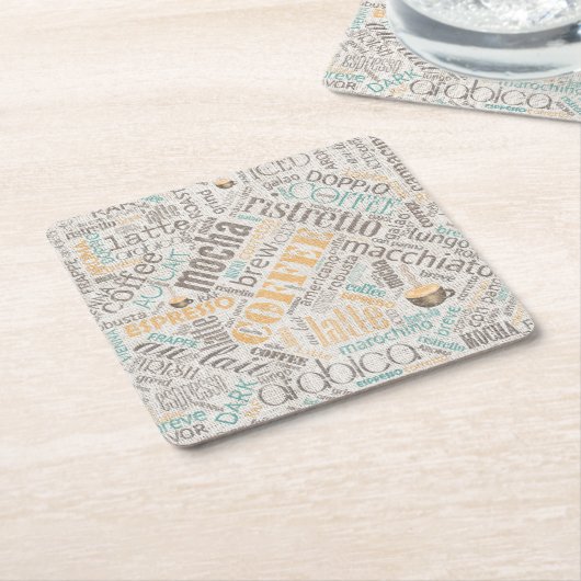 Coffee on Burlap Word Cloudティール(緑がかった色)ID283 スクエアペーパーコースター (アングル)