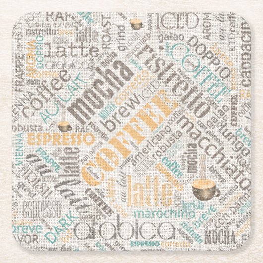 Coffee on Burlap Word Cloudティール(緑がかった色)ID283 スクエアペーパーコースター (正面)