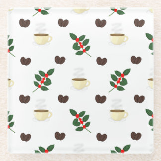 Coffee Pattern with Beans, Cups, and Coffee trees ガラスコースター