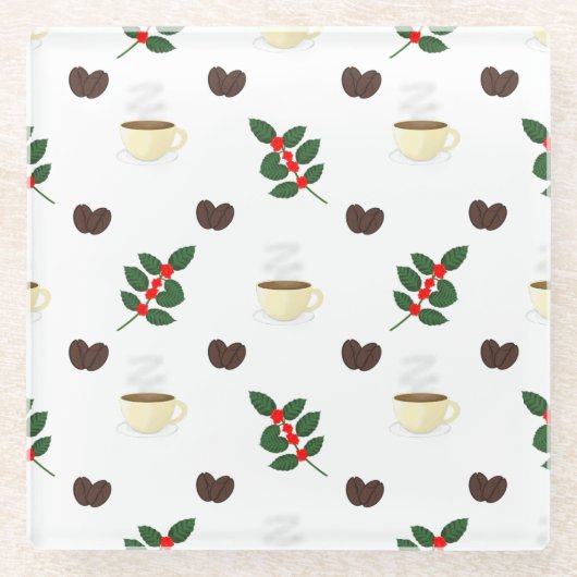 Coffee Pattern with Beans, Cups, and Coffee trees ガラスコースター (正面)