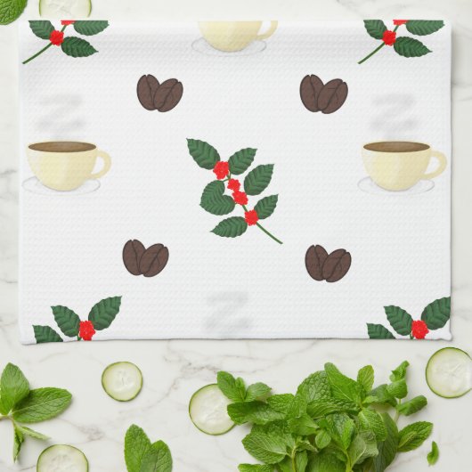 Coffee Pattern with Beans, Cups, and Coffee trees キッチンタオル (折り畳み)