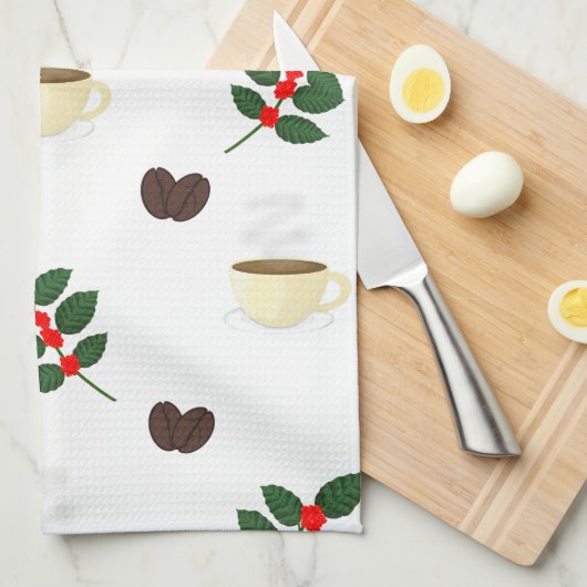 Coffee Pattern with Beans, Cups, and Coffee trees キッチンタオル (四つ折り)