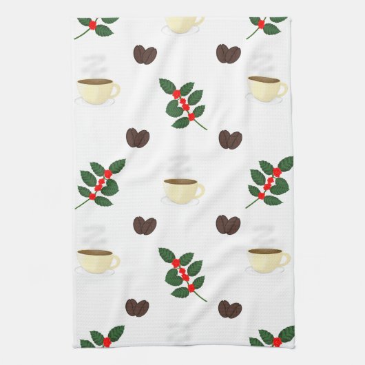 Coffee Pattern with Beans, Cups, and Coffee trees キッチンタオル (縦)