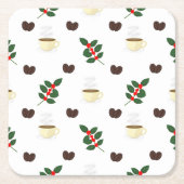 Coffee Pattern with Beans, Cups, and Coffee trees スクエアペーパーコースター (正面)