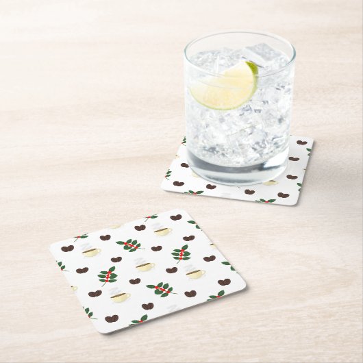 Coffee Pattern with Beans, Cups, and Coffee trees スクエアペーパーコースター (インサイチュ)