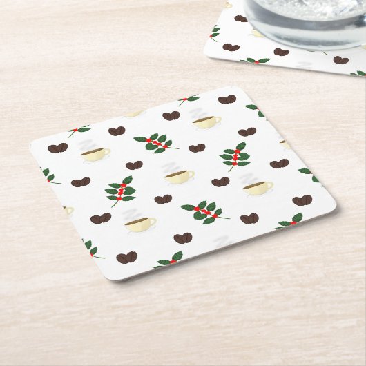 Coffee Pattern with Beans, Cups, and Coffee trees スクエアペーパーコースター (アングル)