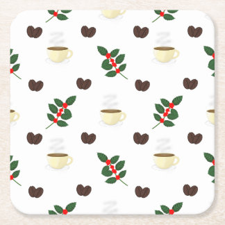 Coffee Pattern with Beans, Cups, and Coffee trees スクエアペーパーコースター