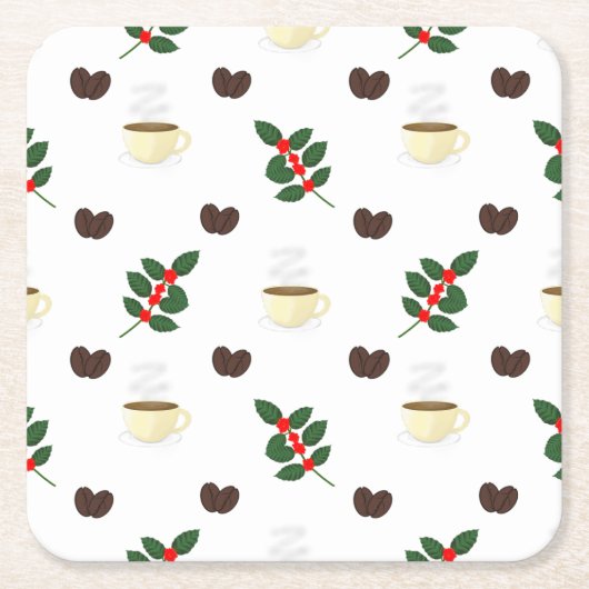 Coffee Pattern with Beans, Cups, and Coffee trees スクエアペーパーコースター (正面)