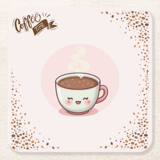 Coffee Pink Aesthetic Kwaii style Coaster スクエアペーパーコースター (正面)