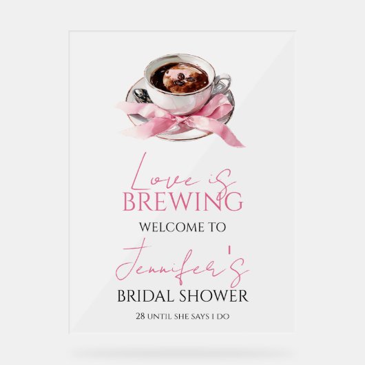 Coffee Pink Bow Bridal Shower Welcome Acrylic Sign アクリルサイン (正面)