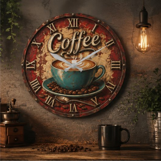 Coffee Rustic Farmhouse Bar Vintage Kitchen ラージ壁時計
