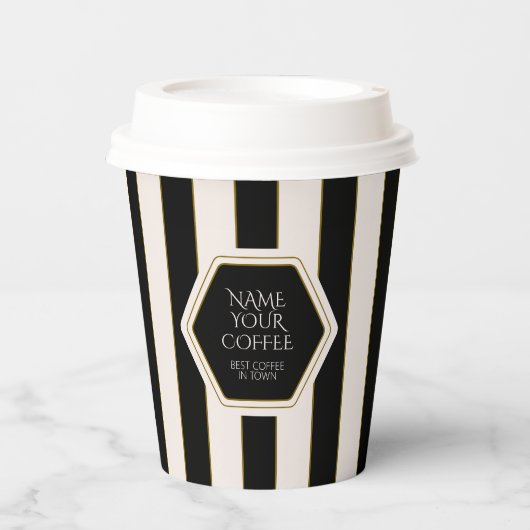 Coffee Shop Black and Cream Stripes with Gold 紙コップ (正面)
