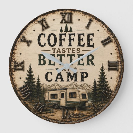 Coffee Tastes Better at Camp Rustic ラージ壁時計 (正面)