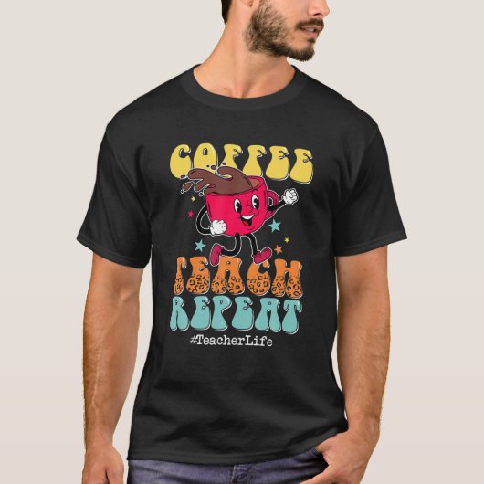 Coffee Teach Repeat Teacher Life Leopard Back To S Tシャツ (正面)
