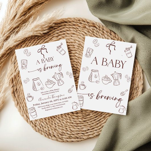 Coffee Theme Beige Bow Baby is Brewing Baby Shower 招待状