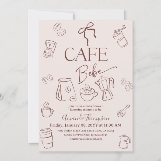 Coffee Theme Beige Bow Cafe Bebe Baby Shower 招待状 (正面)