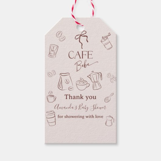 Coffee Theme Beige Cafe Bebe Brewing Baby Shower ギフトタグ (正面)
