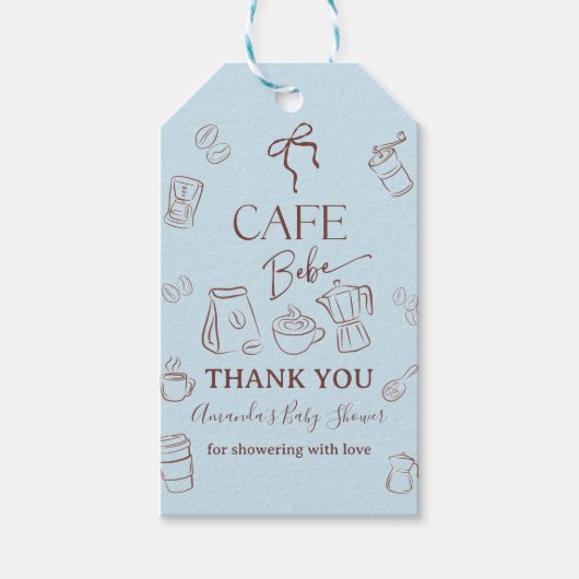 Coffee Theme Blue Bow Cafe Bebe Boy Baby Shower ギフトタグ (正面)