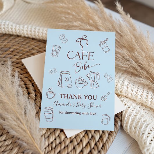 Coffee Theme Blue Bow Cafe Bebe Boy Baby Shower サンキューカード