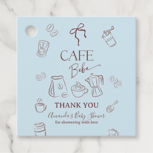 Coffee Theme Blue Bow Cafe Bebe Boy Baby Shower フェイバータグ (正面)