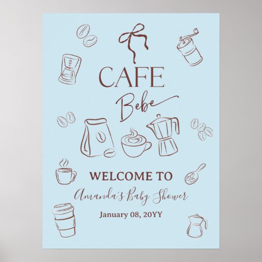 Coffee Theme Blue Bow Cafe Bebe Boy Baby Shower ポスター (正面)