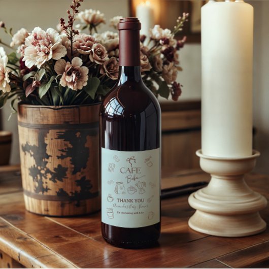 Coffee Theme Blue Bow Cafe Bebe Boy Baby Shower ワインラベル