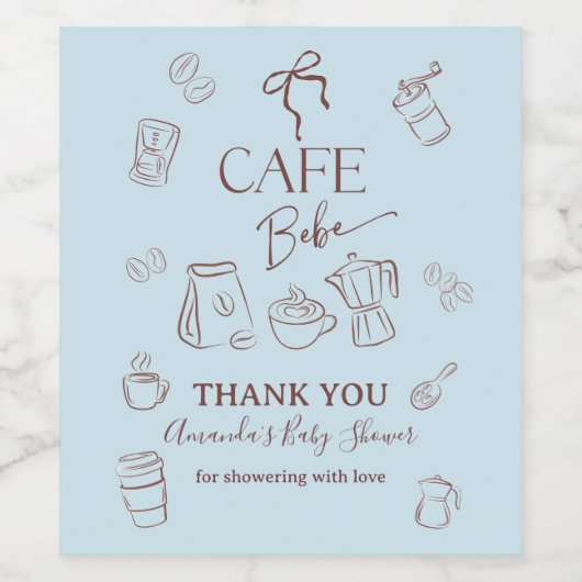 Coffee Theme Blue Bow Cafe Bebe Boy Baby Shower ワインラベル (シングルラベル)