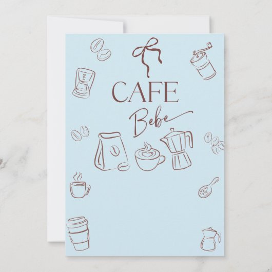 Coffee Theme Blue Bow Cafe Bebe Boy Baby Shower 招待状 (裏面)