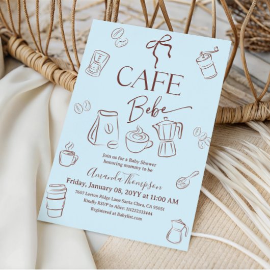 Coffee Theme Blue Bow Cafe Bebe Boy Baby Shower 招待状