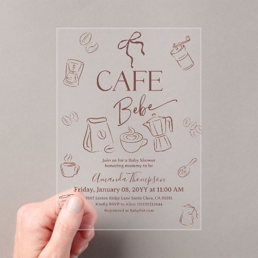 Coffee Theme Bow Cafe Bebe Brewing Baby Shower アクリル招待状 (インサイチュ (ポータブル))
