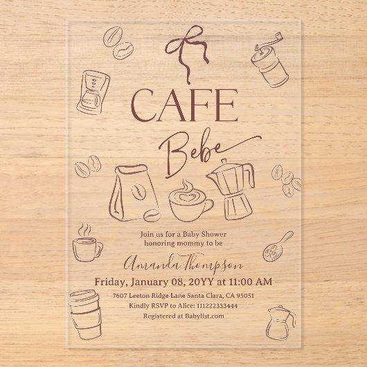 Coffee Theme Bow Cafe Bebe Brewing Baby Shower アクリル招待状 (正面)
