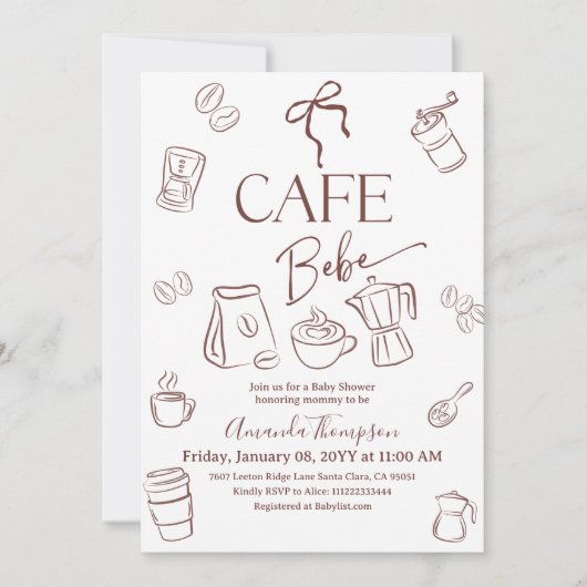 Coffee Theme Bow Cafe Bebe Brewing Baby Shower 招待状 (正面)