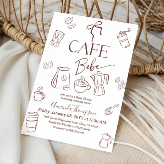 Coffee Theme Bow Cafe Bebe Brewing Baby Shower 招待状