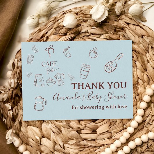 Coffee Theme Boy Blue Bow Cafe Bebe Baby Shower サンキューカード