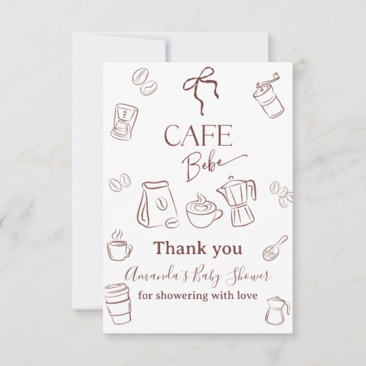 Coffee Theme Cafe Bebe Brewing Bow Baby Shower サンキューカード (正面)