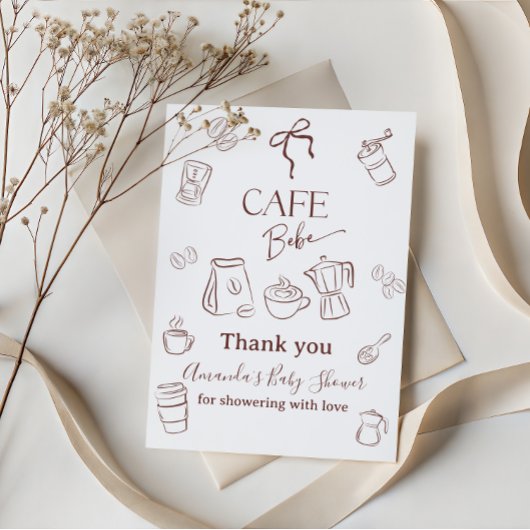 Coffee Theme Cafe Bebe Brewing Bow Baby Shower サンキューカード
