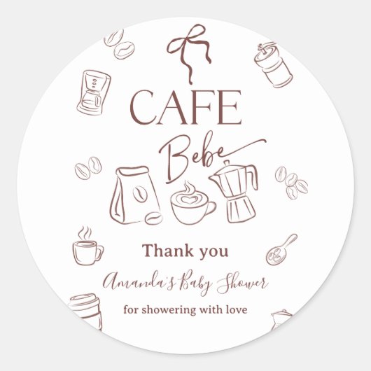 Coffee Theme Cafe Bebe Brewing Bow Baby Shower ラウンドシール (正面)