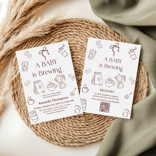Coffee Theme Neutral Bow Brewing Baby Shower 招待状